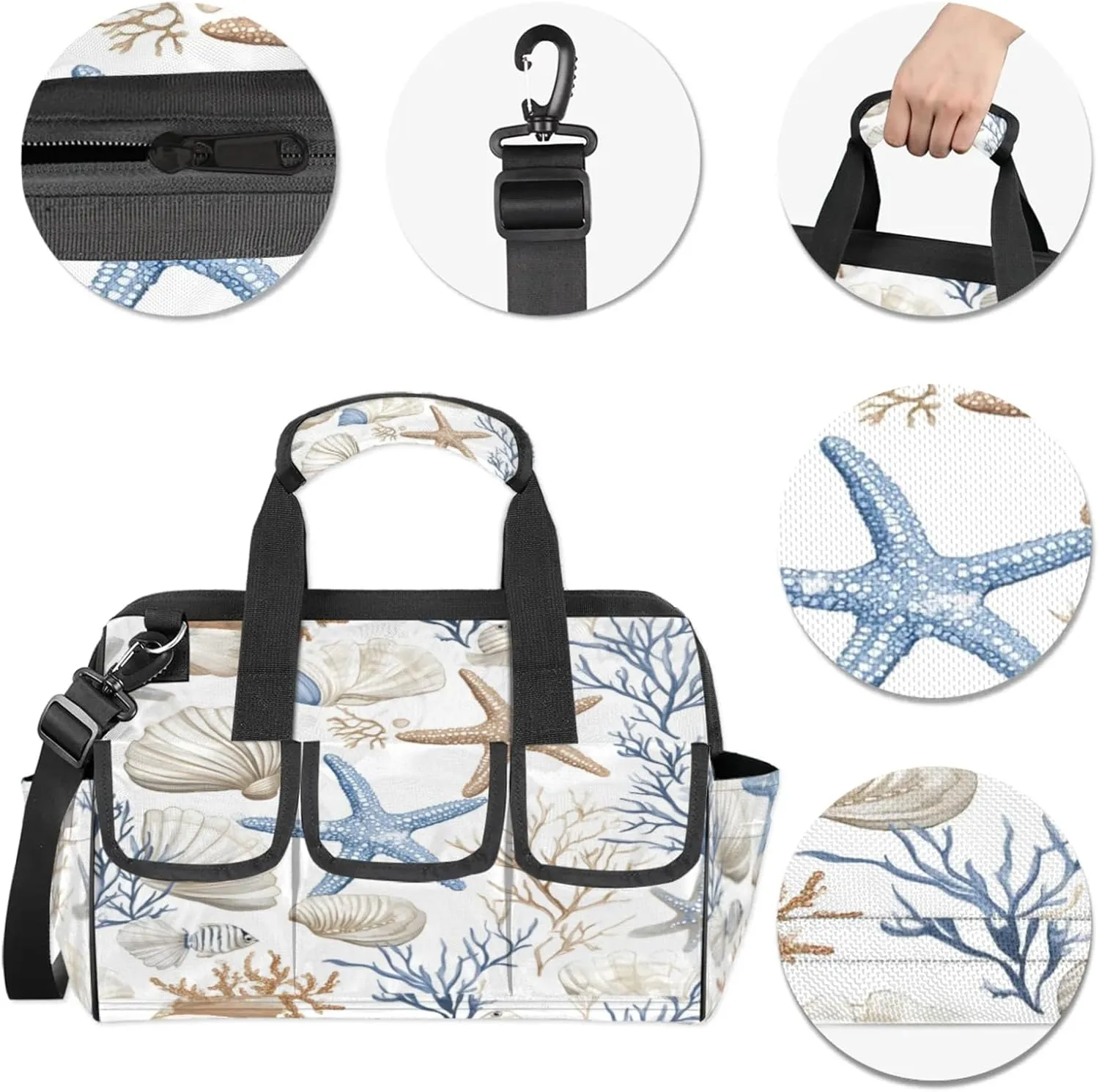 Nautical Coastal Tool Bags for Men and Women Ocean Beach Seashell Starfish Themed Heavy Duty Tool Tote Organizer Bag for Electrician Carpenter Mechanic, Adjustable Shoulder Strap