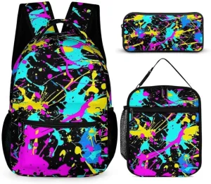 Neon Backpack with Lunch Box & Pencil Case, 16 Inch Neon Themed Bookbag, Adjustable Lightweight Large Capacity, Colorful Neon Backpack Set for Kids Girls Boys School