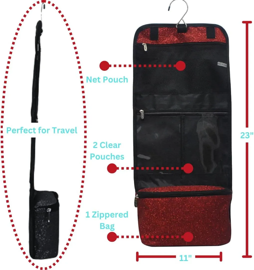 NGIL Glitter Travel Hanging Toiletry Bag for Cheerleaders and Dance Teams, Toiletry Organizer and Toiletry Bag for Women, Cosmetic Travel Bag(Glitter-Red)