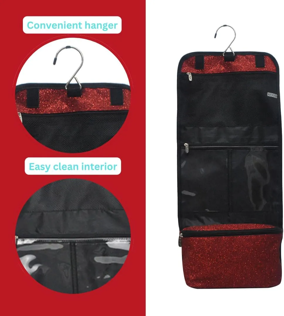NGIL Glitter Travel Hanging Toiletry Bag for Cheerleaders and Dance Teams, Toiletry Organizer and Toiletry Bag for Women, Cosmetic Travel Bag(Glitter-Red)