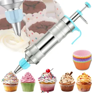Novano Dessert Decorating Syringe Set, Frosting Piping Kit Stainless Steels Cake Decorating Kit with 6 Piping Tips & 9 silicone cupcakes, Cupcake Decorating Kit Piping Bags and Tips Set