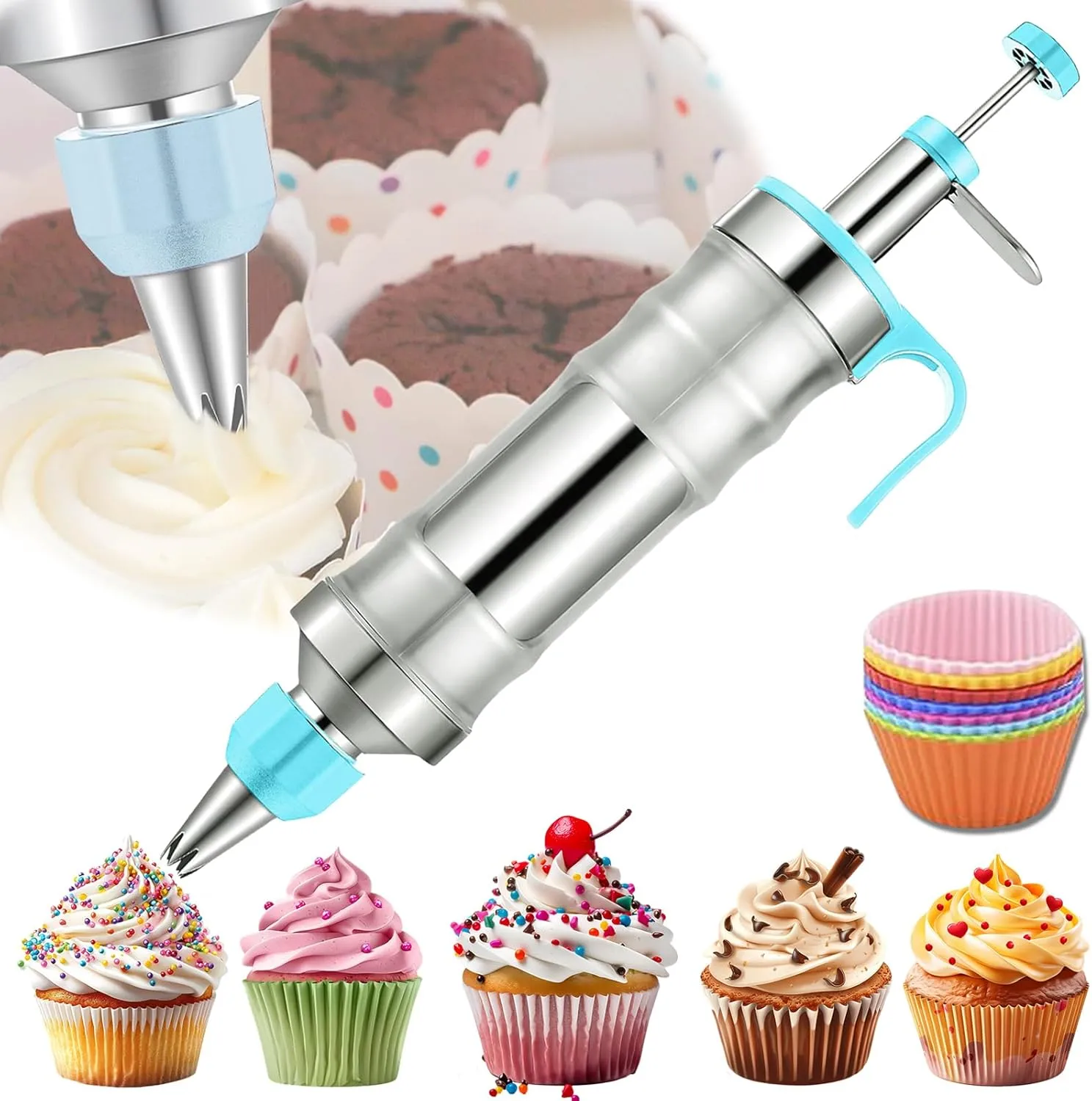 Novano Dessert Decorating Syringe Set, Frosting Piping Kit Stainless Steels Cake Decorating Kit with 6 Piping Tips & 9 silicone cupcakes, Cupcake Decorating Kit Piping Bags and Tips Set