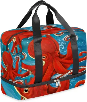 Ocean Octopus Sports Gym Bag with Shoes Compartment,Sea Octopus Foldable Travel Duffel Bag Luggage for Men Women Teens Weekender Overnight Bag Yoga Tote Bag