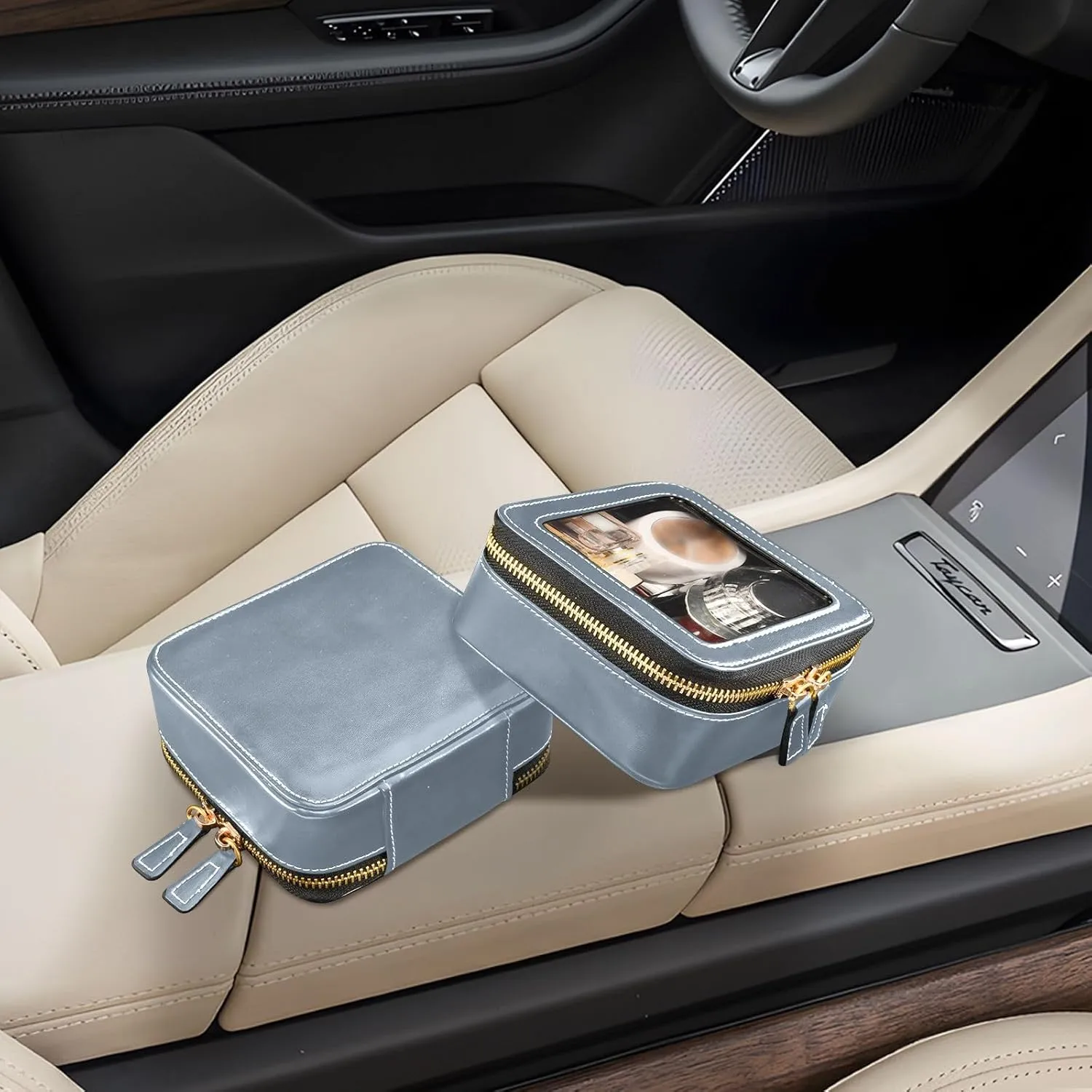 ODAWA Clear Makeup Bag Light Slate Gray Leather Cosmetic Bag with Clear Window Traveling Compact Car Bag for Essentials