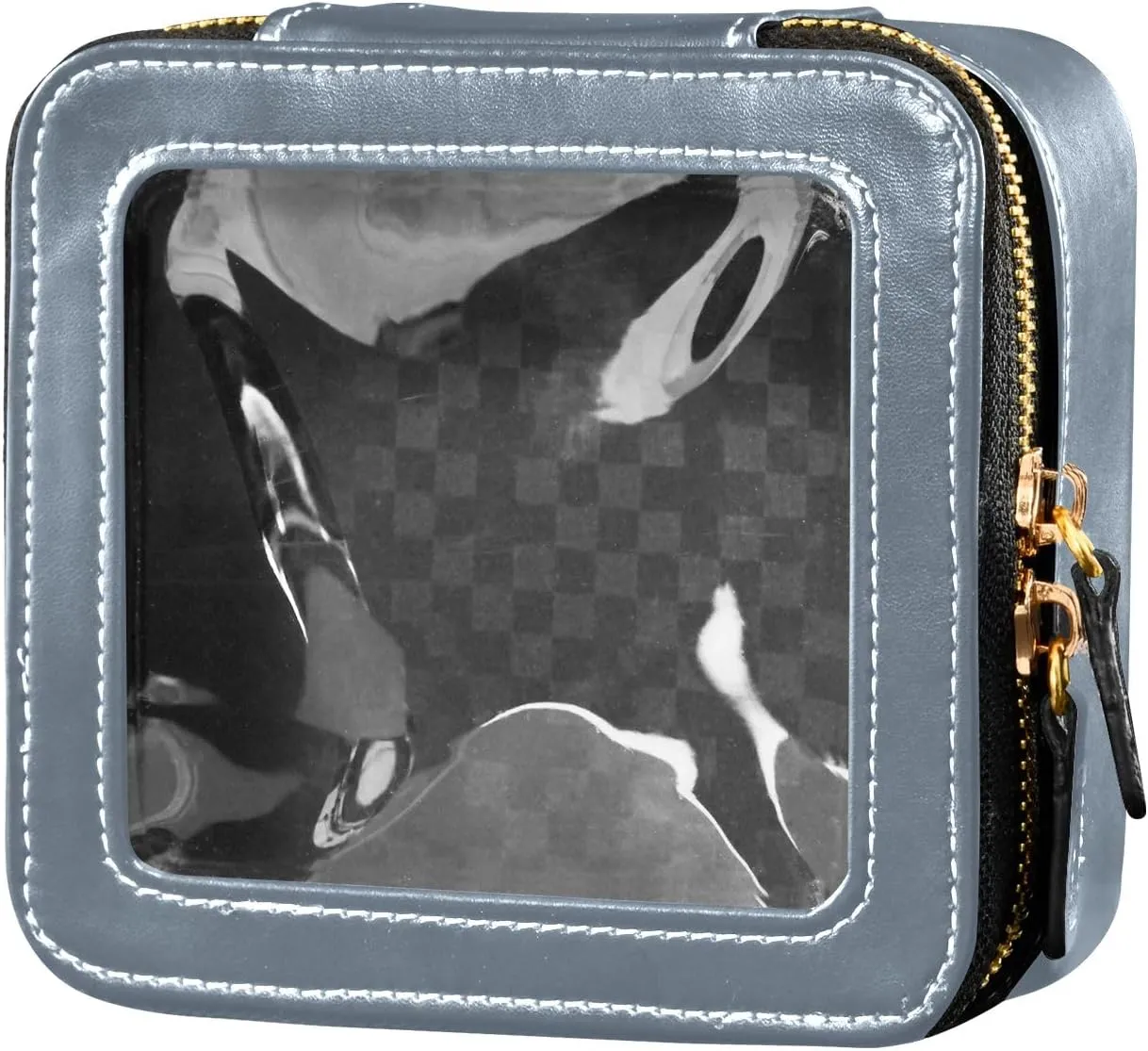 ODAWA Clear Makeup Bag Light Slate Gray Leather Cosmetic Bag with Clear Window Traveling Compact Car Bag for Essentials