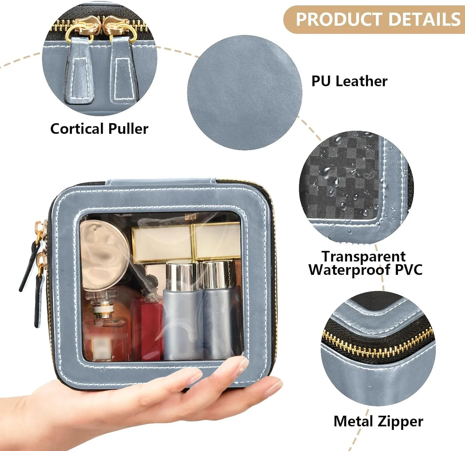 ODAWA Clear Makeup Bag Light Slate Gray Leather Cosmetic Bag with Clear Window Traveling Compact Car Bag for Essentials