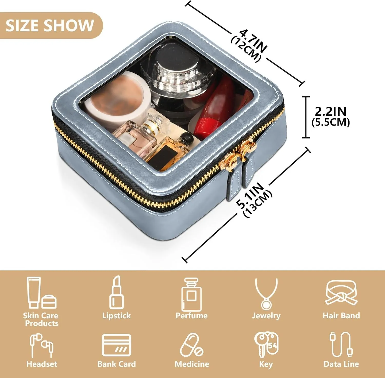 ODAWA Clear Makeup Bag Light Slate Gray Leather Cosmetic Bag with Clear Window Traveling Compact Car Bag for Essentials