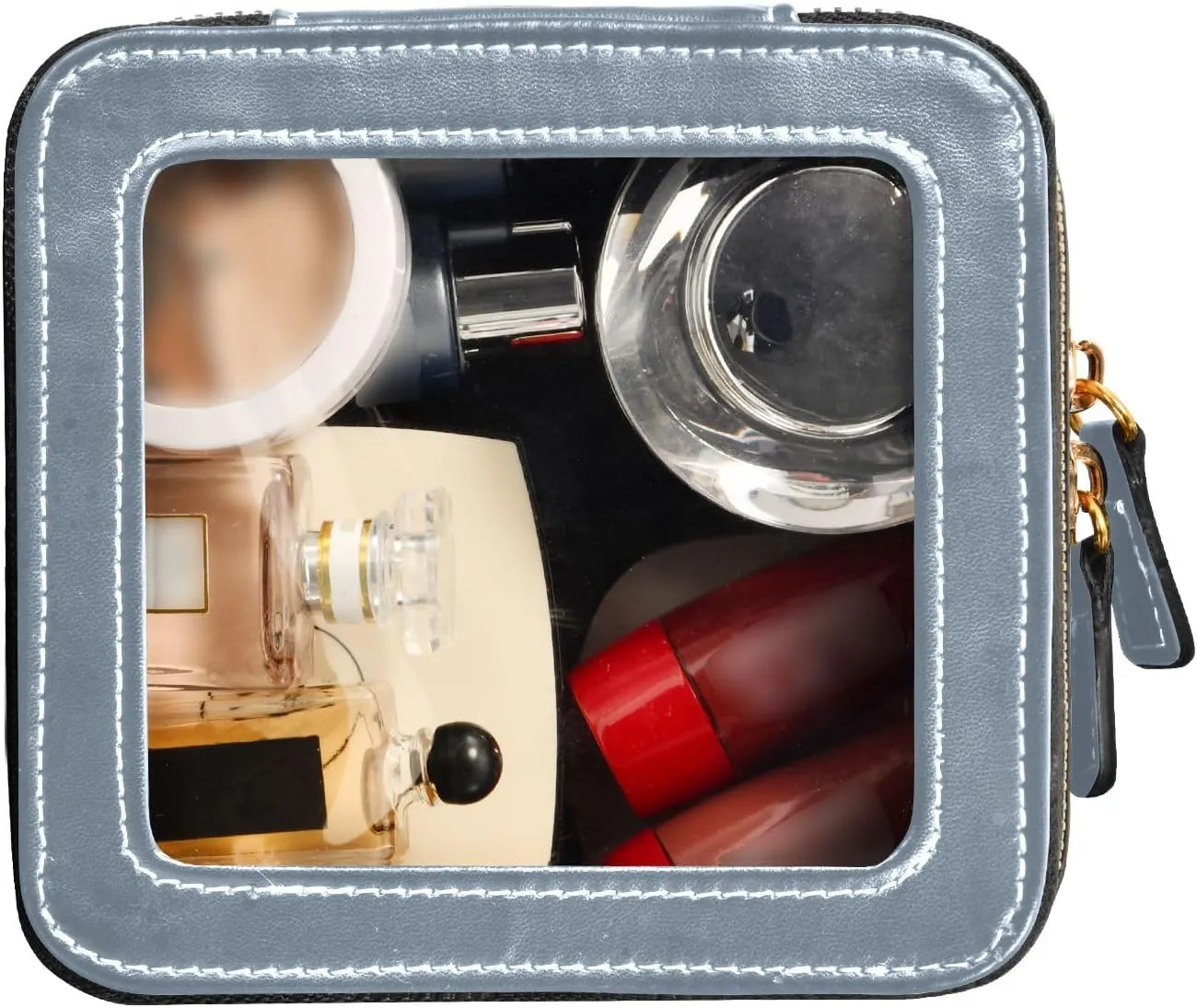 ODAWA Clear Makeup Bag Light Slate Gray Leather Cosmetic Bag with Clear Window Traveling Compact Car Bag for Essentials