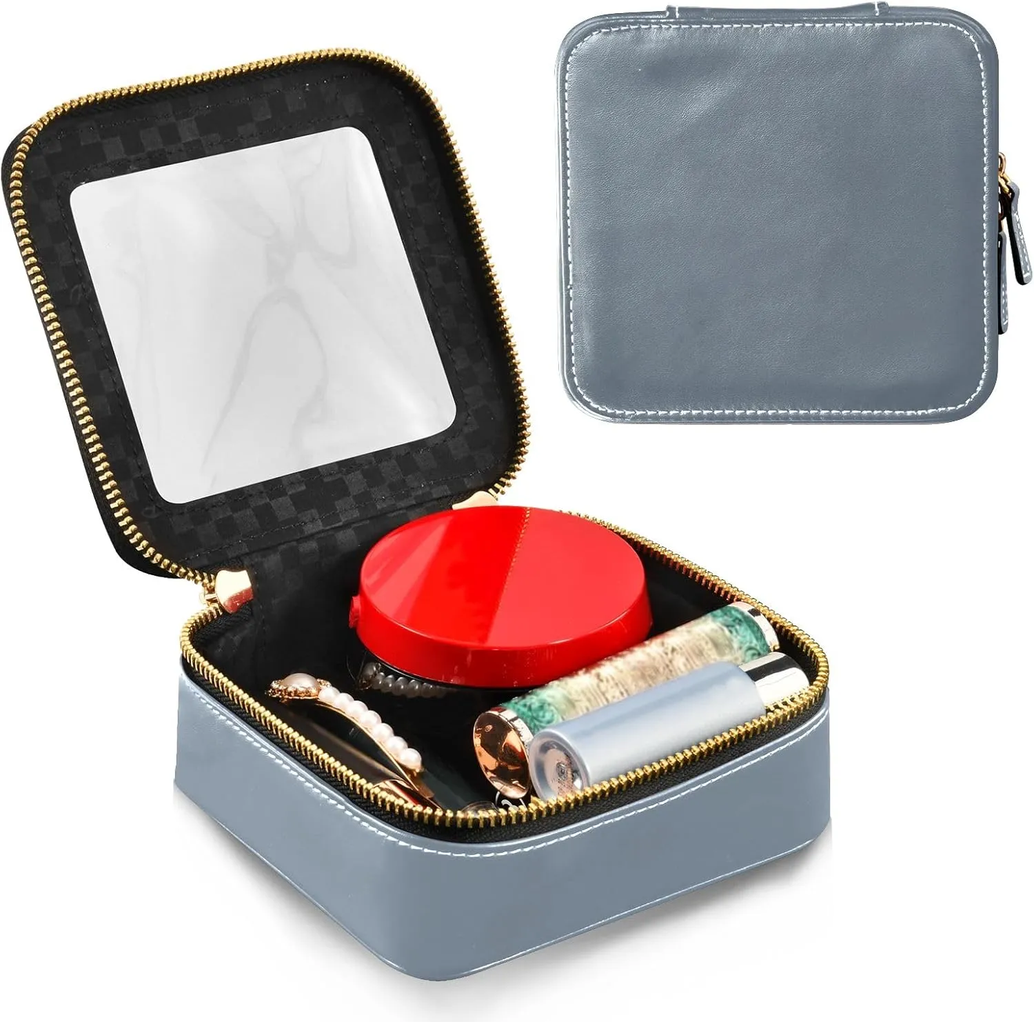 ODAWA Clear Makeup Bag Light Slate Gray Leather Cosmetic Bag with Clear Window Traveling Compact Car Bag for Essentials