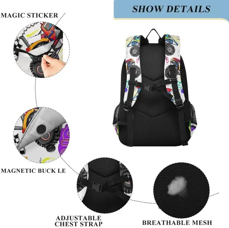 ODAWA Colorful Trucks Backpack for Middle School Laptop Backpack Purse Travel Bag Kids Backpack Ages 6-12