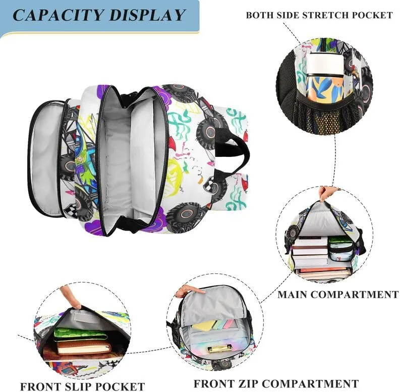 ODAWA Colorful Trucks Backpack for Middle School Laptop Backpack Purse Travel Bag Kids Backpack Ages 6-12