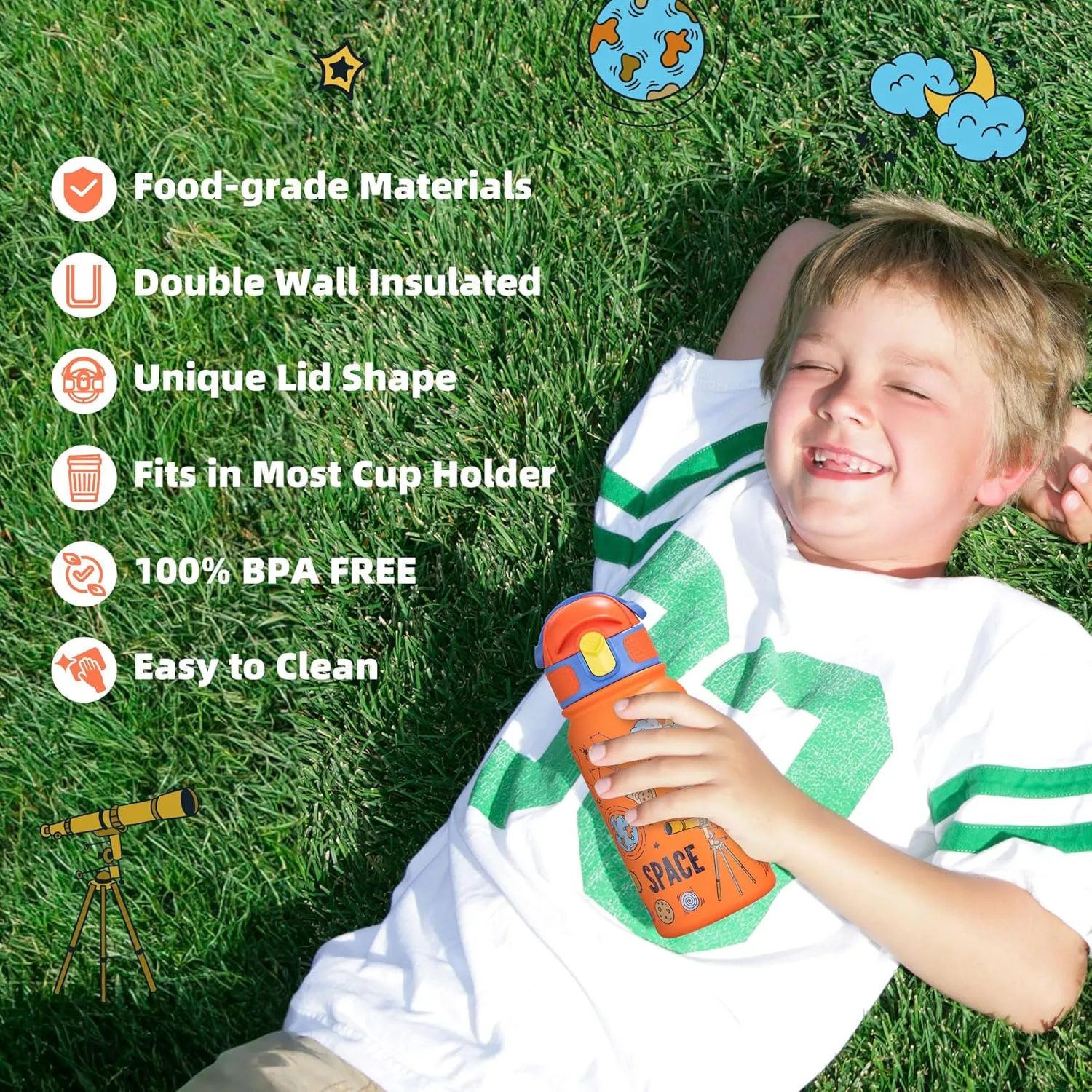 OLDLEY Kids Water Bottle 12oz Insulated Water bottle, Double Wall Stainless Steel Vacuum Bottle, Leak-Proof Sport Bottles for School Boys Girls,Orange Space