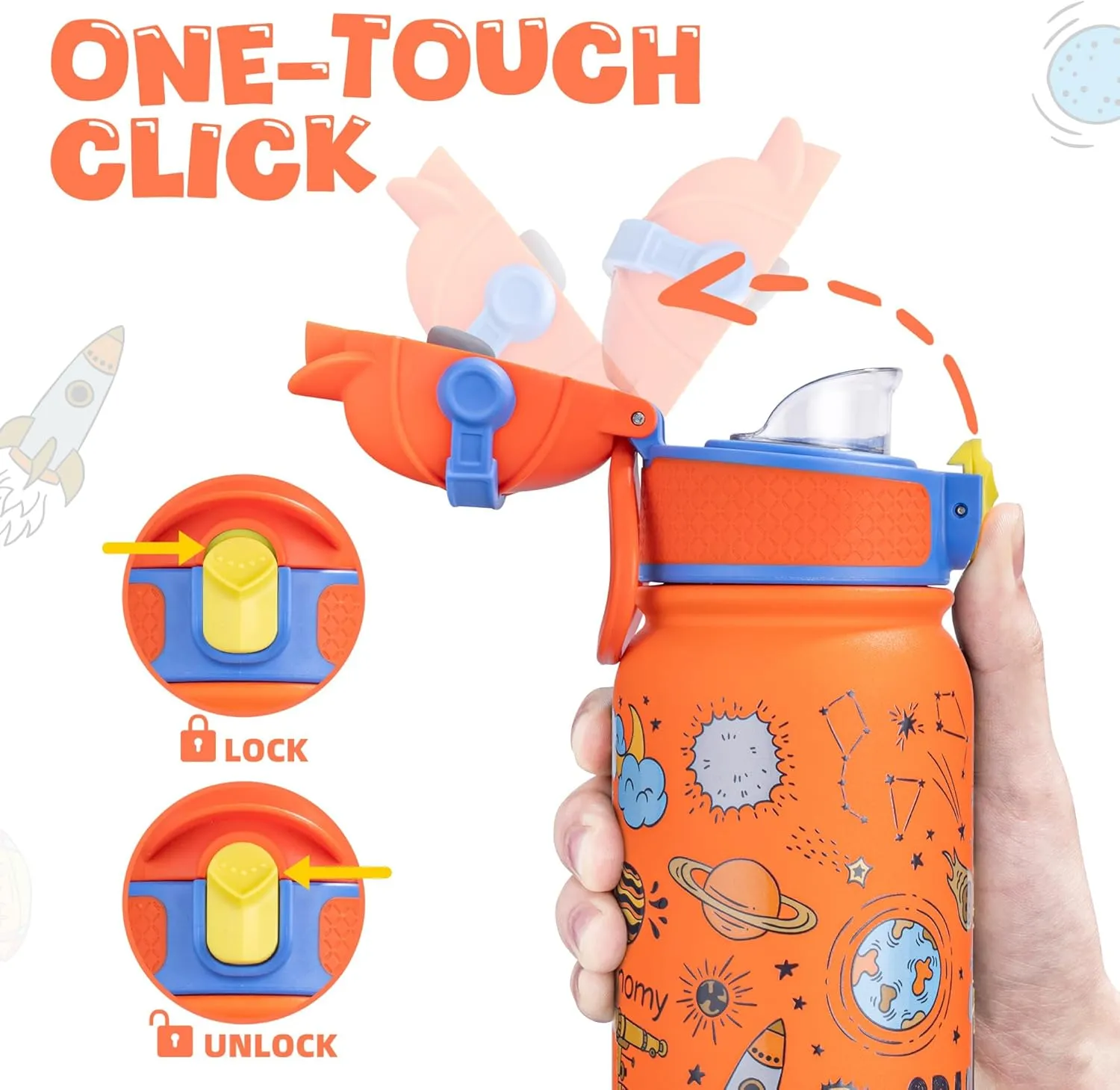OLDLEY Kids Water Bottle 12oz Insulated Water bottle, Double Wall Stainless Steel Vacuum Bottle, Leak-Proof Sport Bottles for School Boys Girls,Orange Space