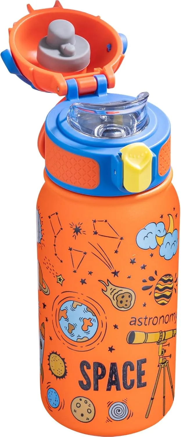 OLDLEY Kids Water Bottle 12oz Insulated Water bottle, Double Wall Stainless Steel Vacuum Bottle, Leak-Proof Sport Bottles for School Boys Girls,Orange Space