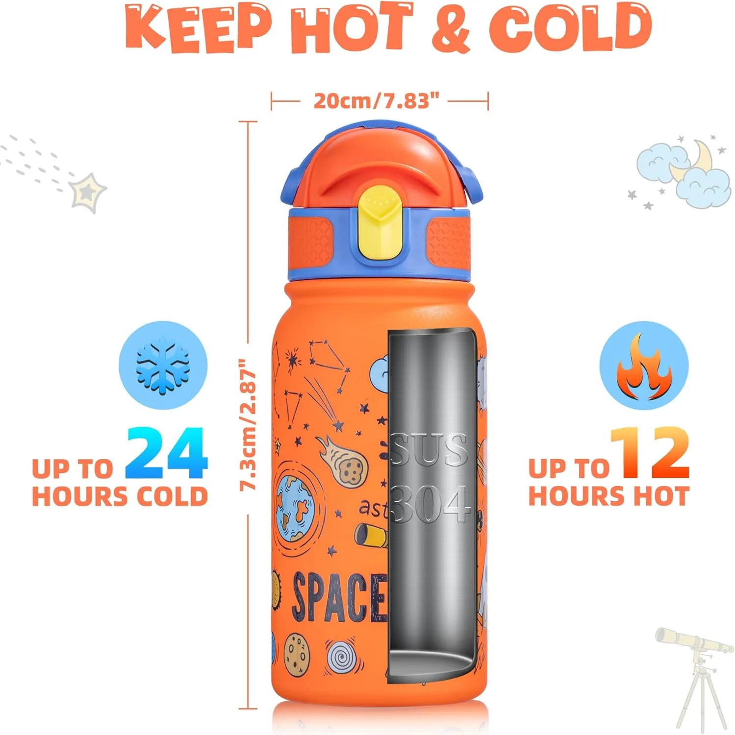 OLDLEY Kids Water Bottle 12oz Insulated Water bottle, Double Wall Stainless Steel Vacuum Bottle, Leak-Proof Sport Bottles for School Boys Girls,Orange Space