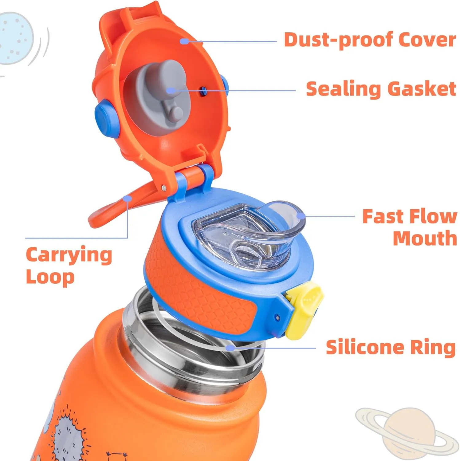 OLDLEY Kids Water Bottle 12oz Insulated Water bottle, Double Wall Stainless Steel Vacuum Bottle, Leak-Proof Sport Bottles for School Boys Girls,Orange Space
