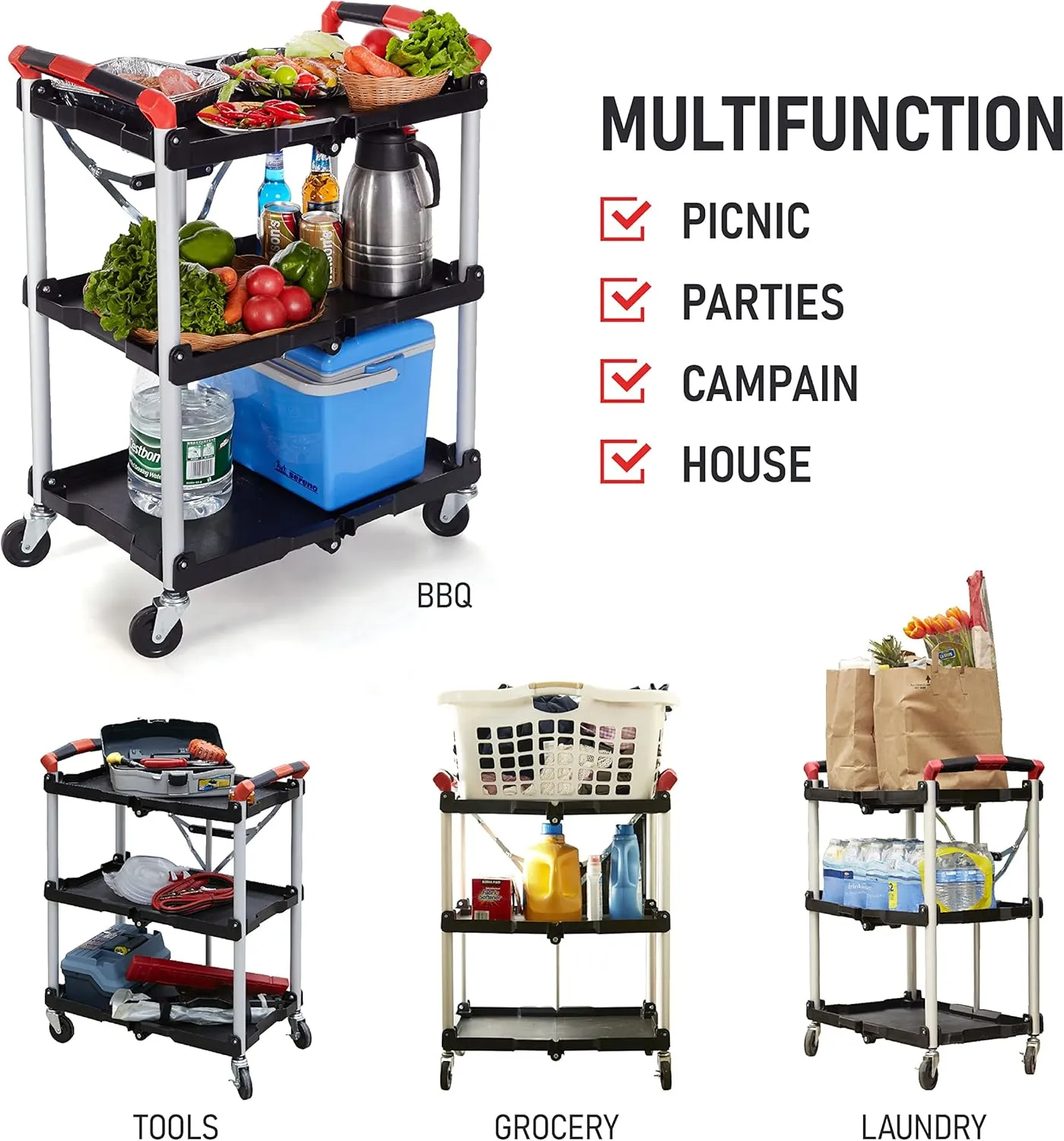 Olympia Tools 410-007 Pack-N-Roll 150 lbs Folding Collapsible Service Cart, Black/Red