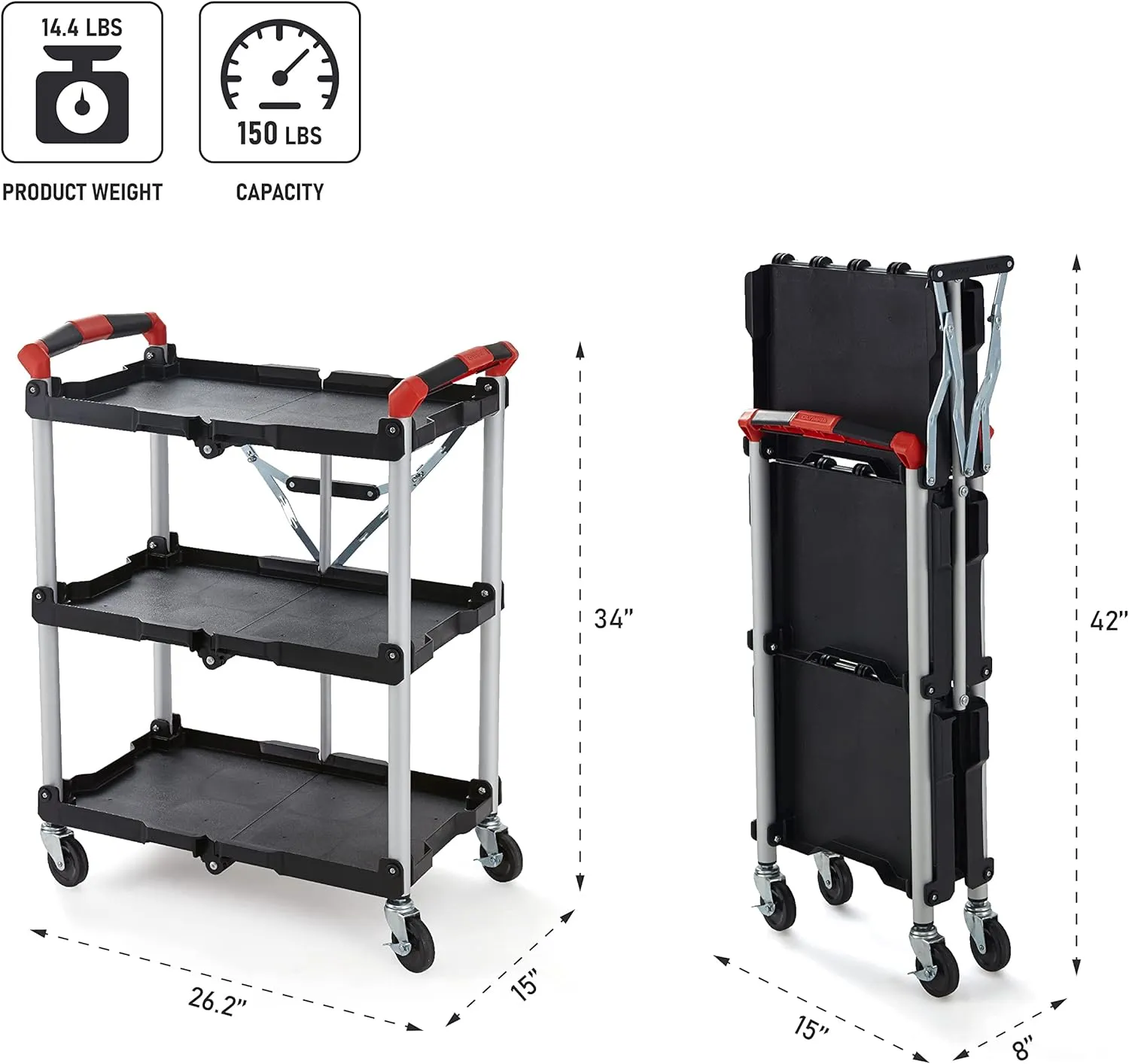 Olympia Tools 410-007 Pack-N-Roll 150 lbs Folding Collapsible Service Cart, Black/Red