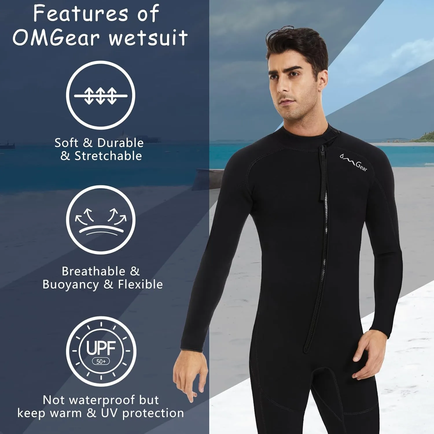 OMGear Wetsuit Men Women 3mm Neoprene Full Body UV Protection One Piece Long Sleeves Scuba Diving Suits Back Zipper Swimsuit for Scuba Diving Surf Snorkeling Swimming
