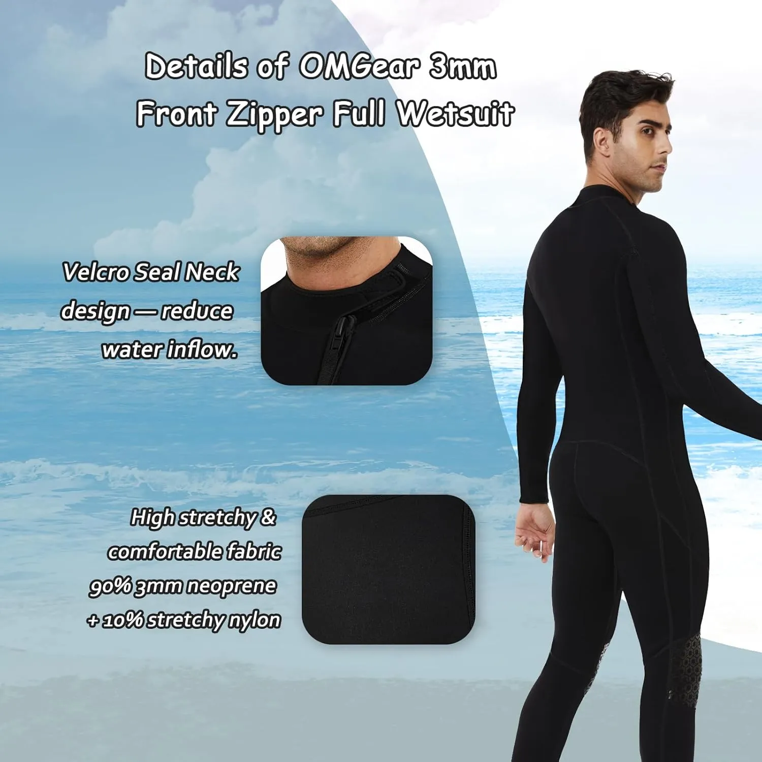 OMGear Wetsuit Men Women 3mm Neoprene Full Body UV Protection One Piece Long Sleeves Scuba Diving Suits Back Zipper Swimsuit for Scuba Diving Surf Snorkeling Swimming