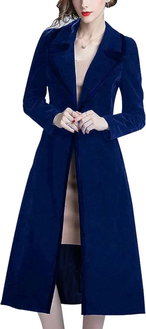 Omoone Women's Slim Notch Lapel Long Vintage Velvet Trench Coat Dress