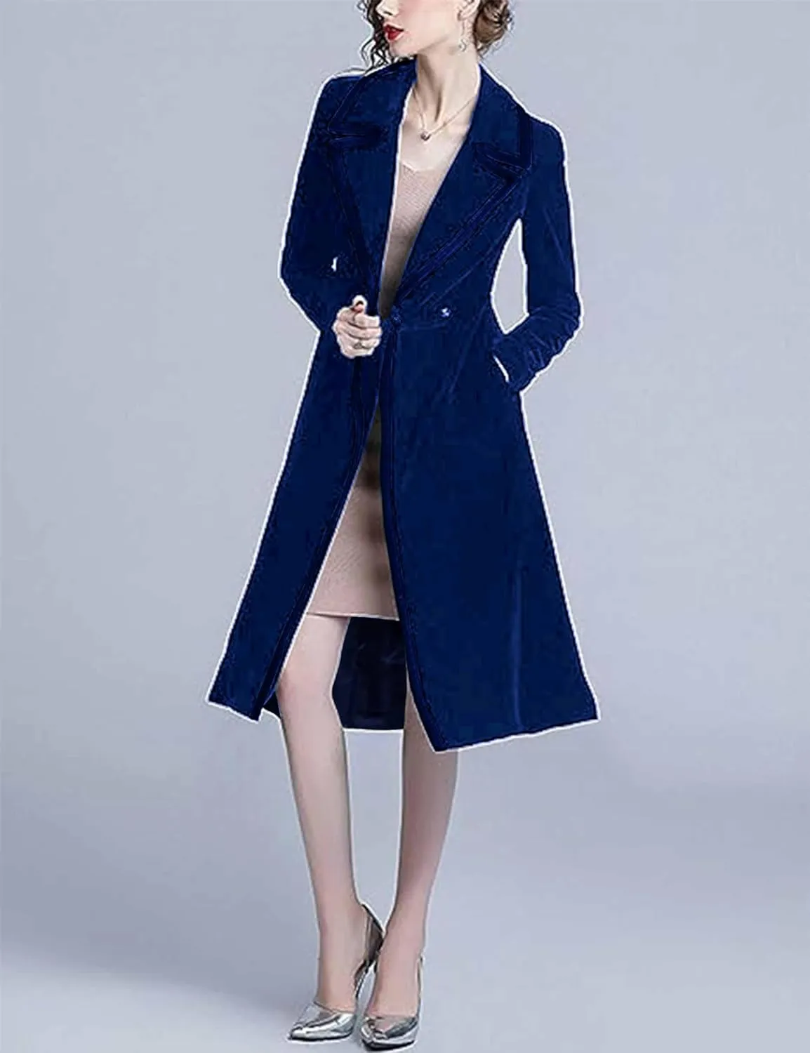 Omoone Women's Slim Notch Lapel Long Vintage Velvet Trench Coat Dress