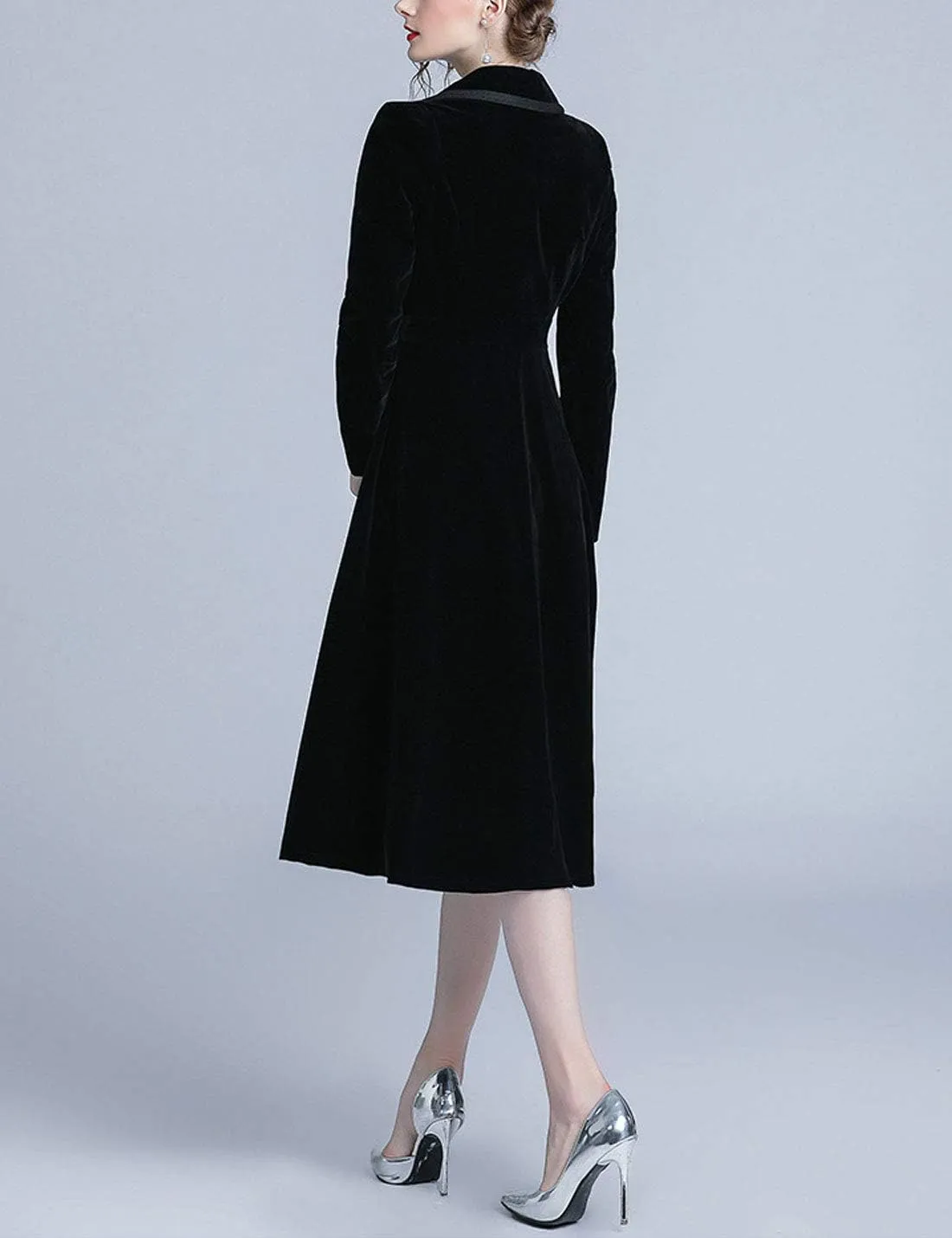 Omoone Women's Slim Notch Lapel Long Vintage Velvet Trench Coat Dress