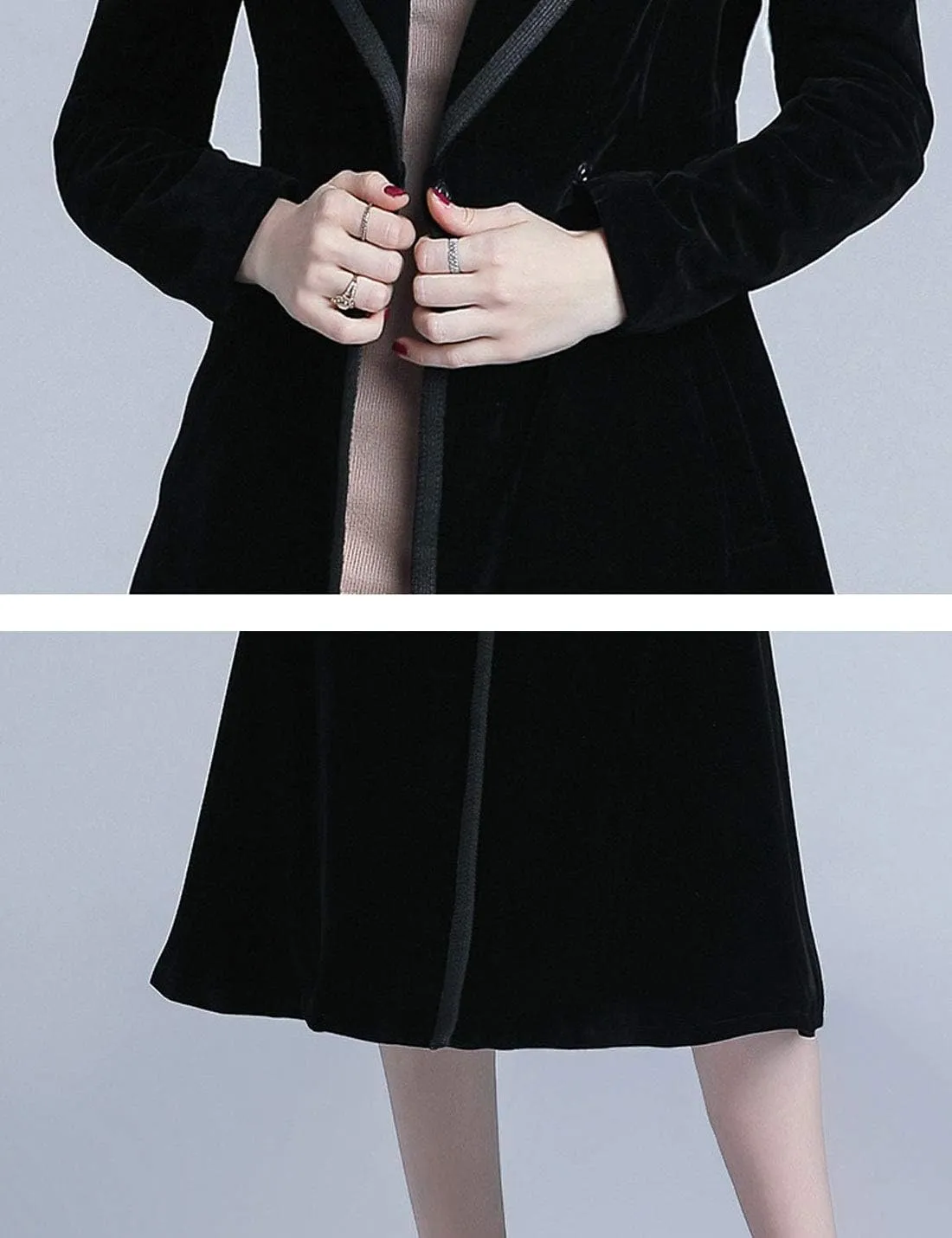 Omoone Women's Slim Notch Lapel Long Vintage Velvet Trench Coat Dress