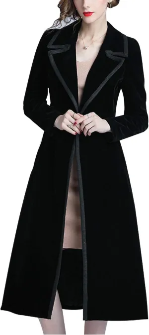 Omoone Women's Slim Notch Lapel Long Vintage Velvet Trench Coat Dress
