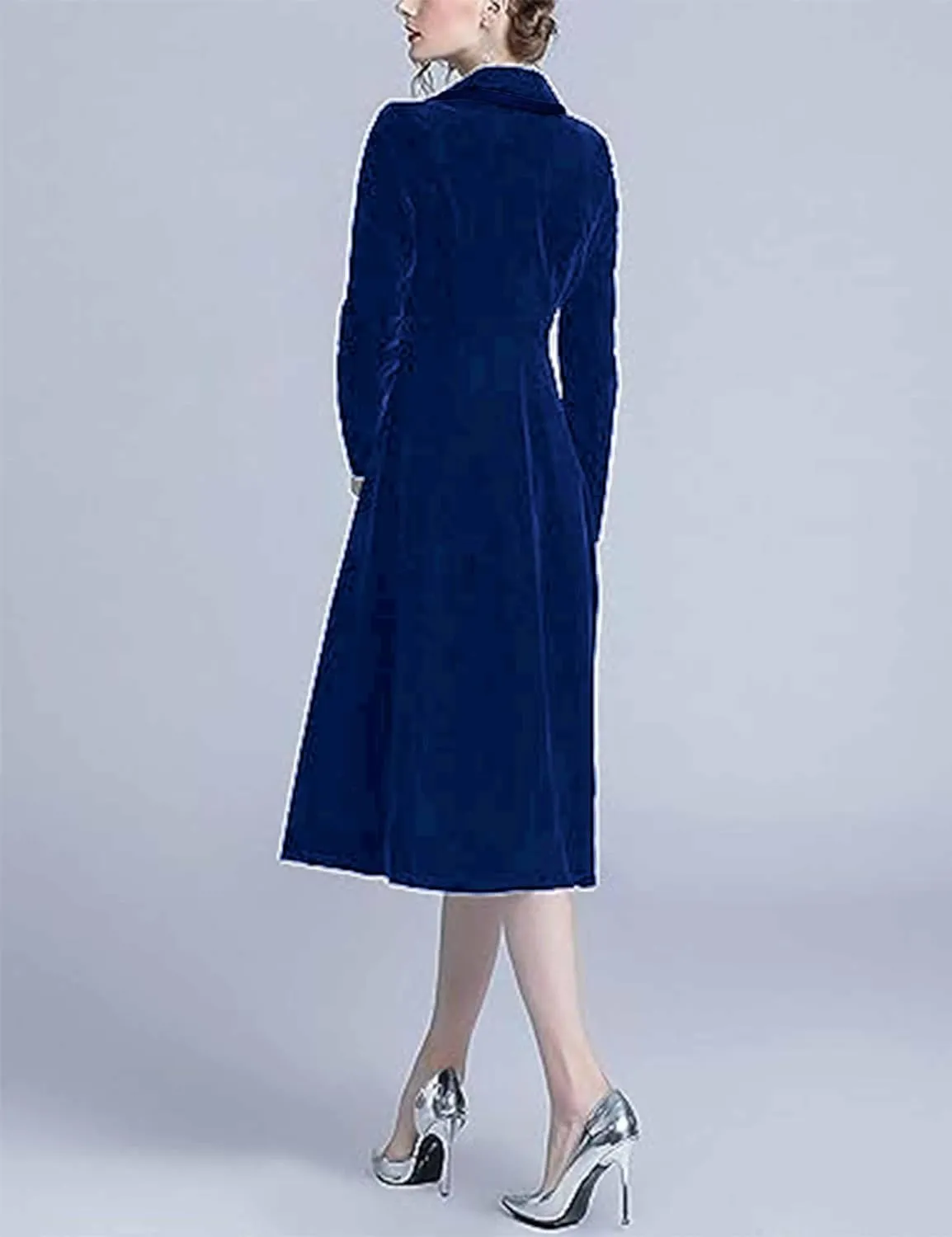 Omoone Women's Slim Notch Lapel Long Vintage Velvet Trench Coat Dress