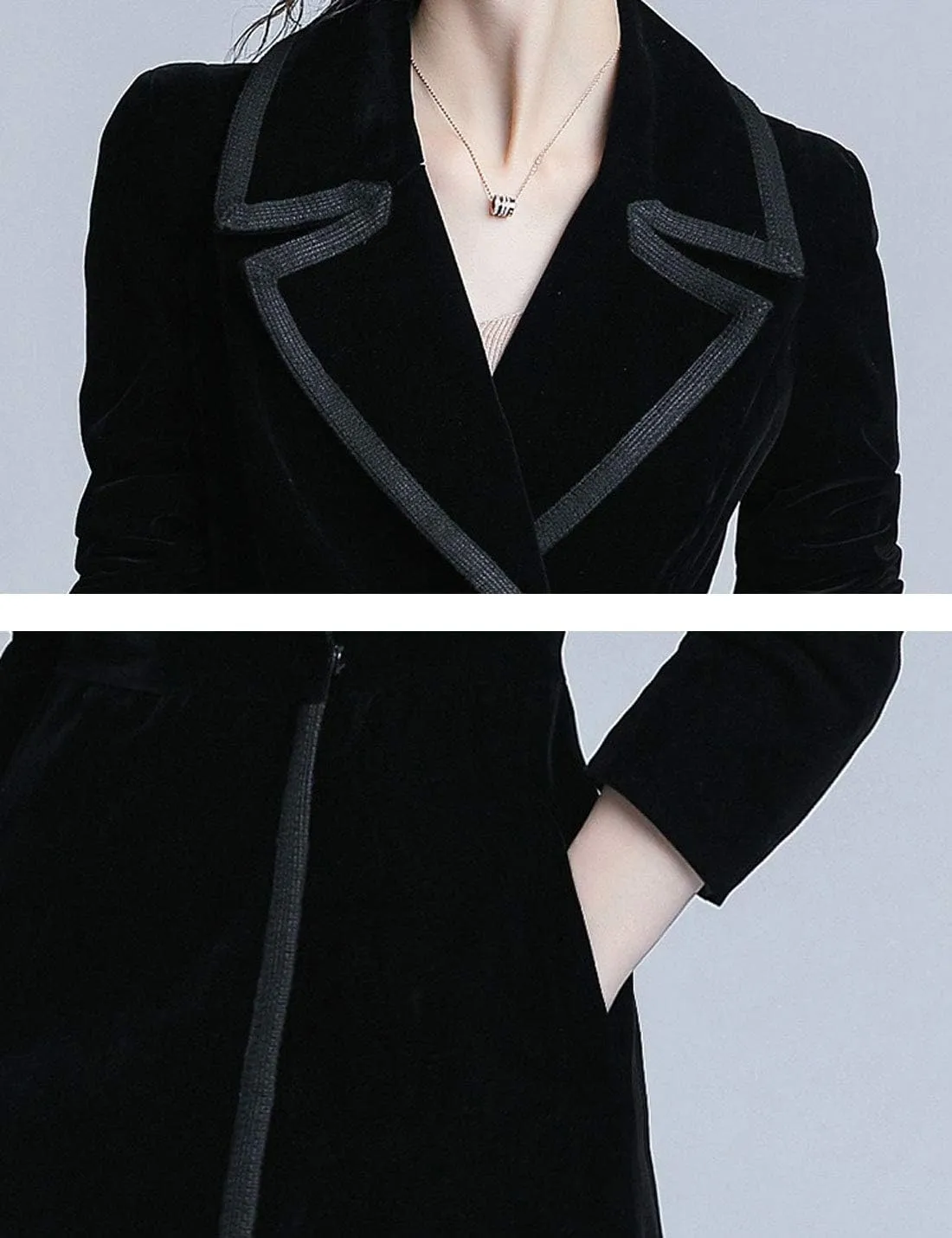 Omoone Women's Slim Notch Lapel Long Vintage Velvet Trench Coat Dress
