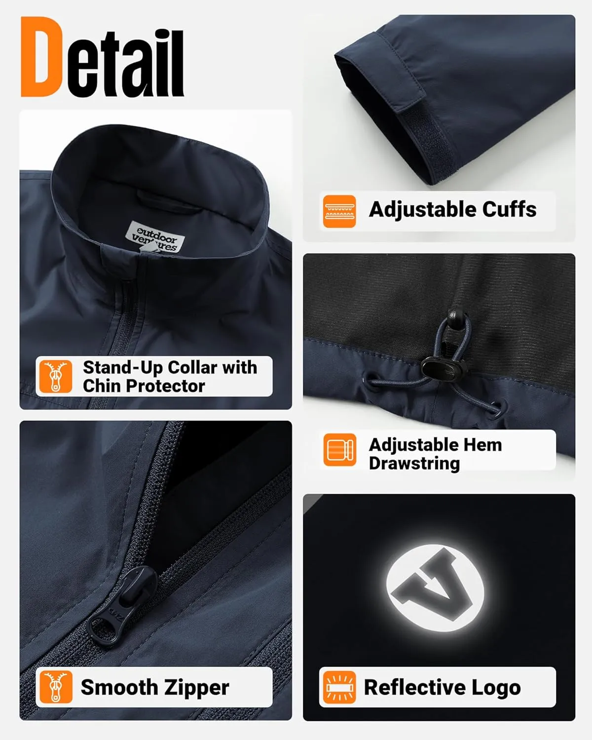 Outdoor Ventures Men's Lightweight Jacket Waterproof Rain Shell Jackets with velvet lined Windbreake Stand Collar