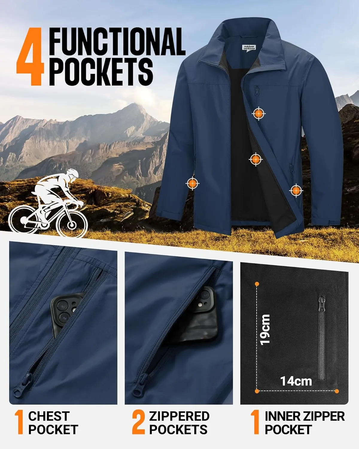 Outdoor Ventures Men's Lightweight Jacket Waterproof Rain Shell Jackets with velvet lined Windbreake Stand Collar