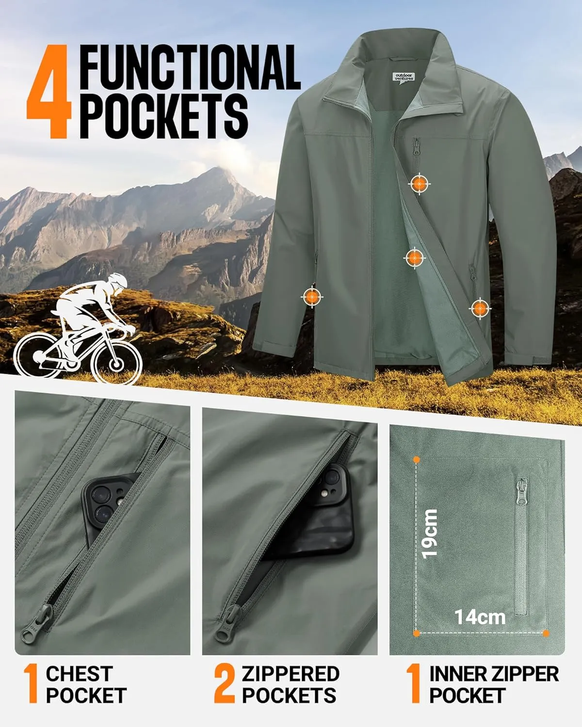 Outdoor Ventures Men's Lightweight Jacket Waterproof Rain Shell Jackets with velvet lined Windbreake Stand Collar