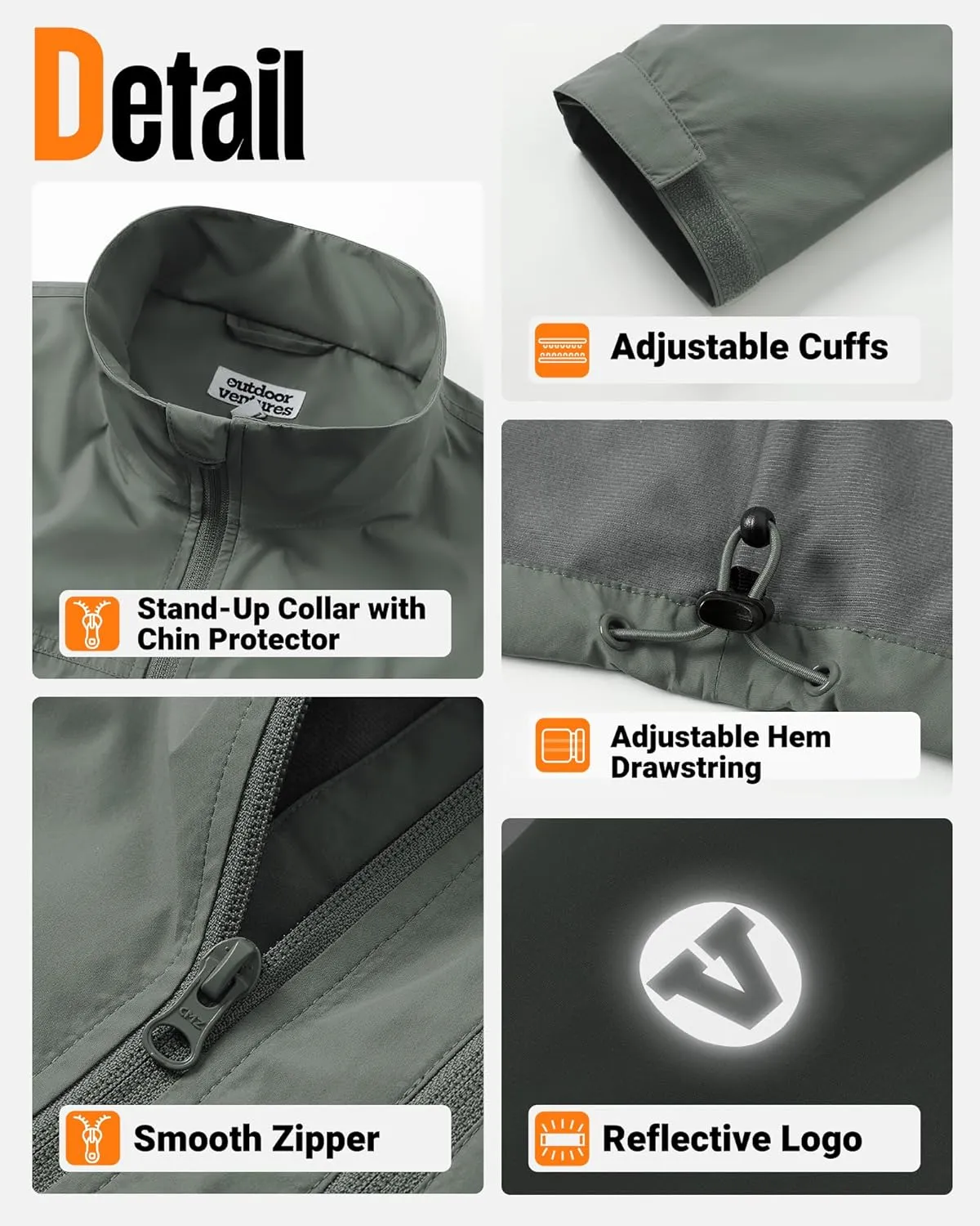 Outdoor Ventures Men's Lightweight Jacket Waterproof Rain Shell Jackets with velvet lined Windbreake Stand Collar