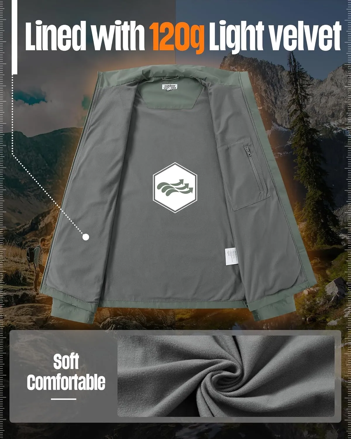 Outdoor Ventures Men's Lightweight Jacket Waterproof Rain Shell Jackets with velvet lined Windbreake Stand Collar