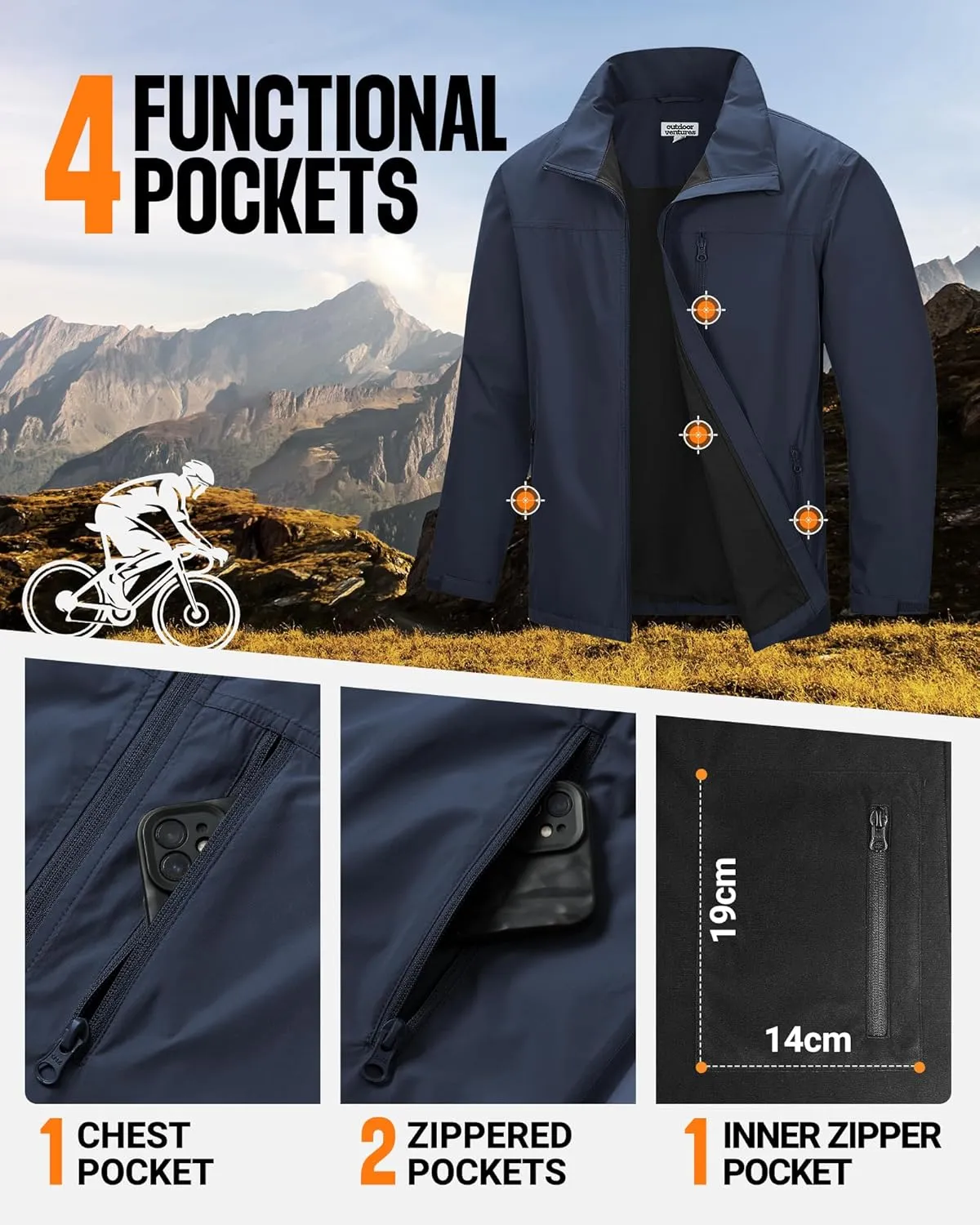 Outdoor Ventures Men's Lightweight Jacket Waterproof Rain Shell Jackets with velvet lined Windbreake Stand Collar
