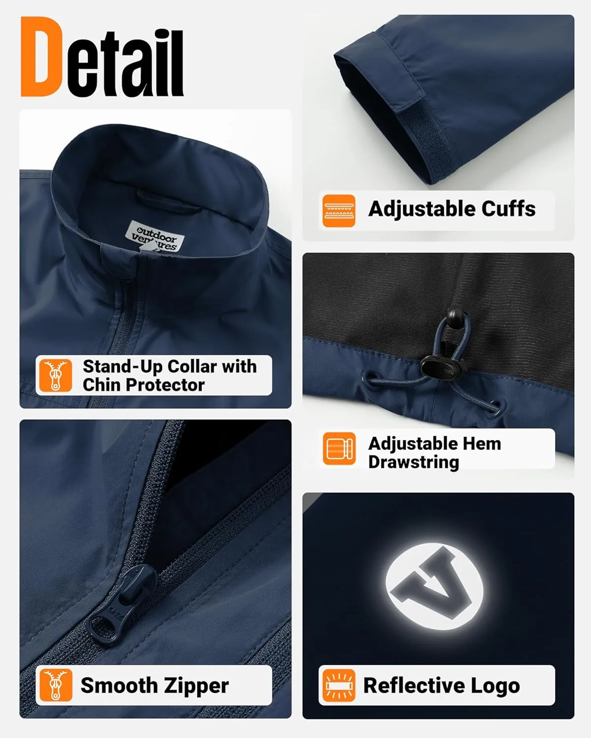 Outdoor Ventures Men's Lightweight Jacket Waterproof Rain Shell Jackets with velvet lined Windbreake Stand Collar