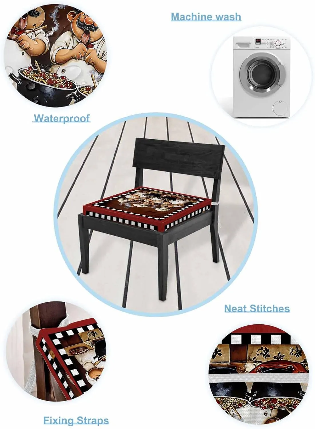 Outdoor Waterproof Cushion Covers Funny Chef on Red Background Replacement Stretch Seat Slipcover for Patio, Food Black White Plaid Chair Couch Sofa Covers Furniture Protector Set of 2,22x20IN