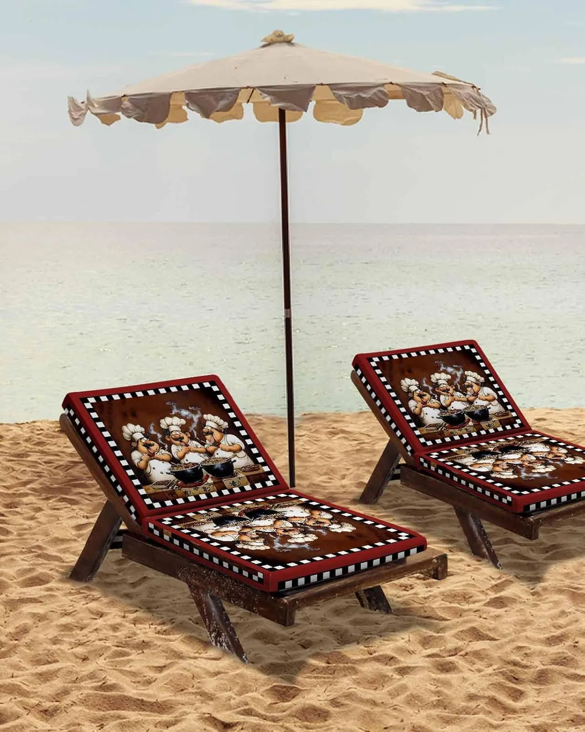 Outdoor Waterproof Cushion Covers Funny Chef on Red Background Replacement Stretch Seat Slipcover for Patio, Food Black White Plaid Chair Couch Sofa Covers Furniture Protector Set of 2,22x20IN