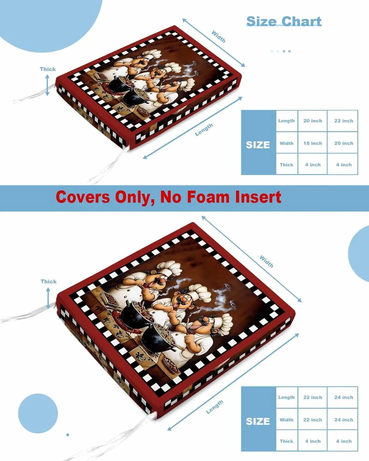 Outdoor Waterproof Cushion Covers Funny Chef on Red Background Replacement Stretch Seat Slipcover for Patio, Food Black White Plaid Chair Couch Sofa Covers Furniture Protector Set of 2,22x20IN