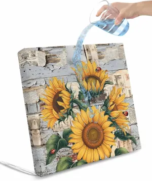 Outdoor Waterproof Cushion Covers Vintage Sunflowers in Newspaper Replacement Stretch Seat Slipcover for Patio, Farm Floral Old Wood Grain Chair Couch Sofa Covers Furniture Protector Set of 2,22x22IN