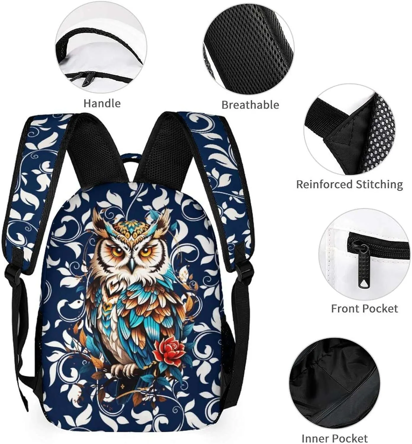 Owl Backpack for Kids Girls Boys School, 16 Inches Cute Owl Theme Bookbag, Adjustable, Lightweight, Large Capacity, Colorful Owl Backpack for School