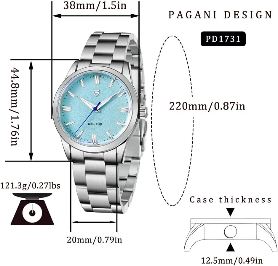 Pagani Design Watches for Men, 38mm Dial, Stainless Steel, 100m Waterproof, Quartz, VH31 Movement
