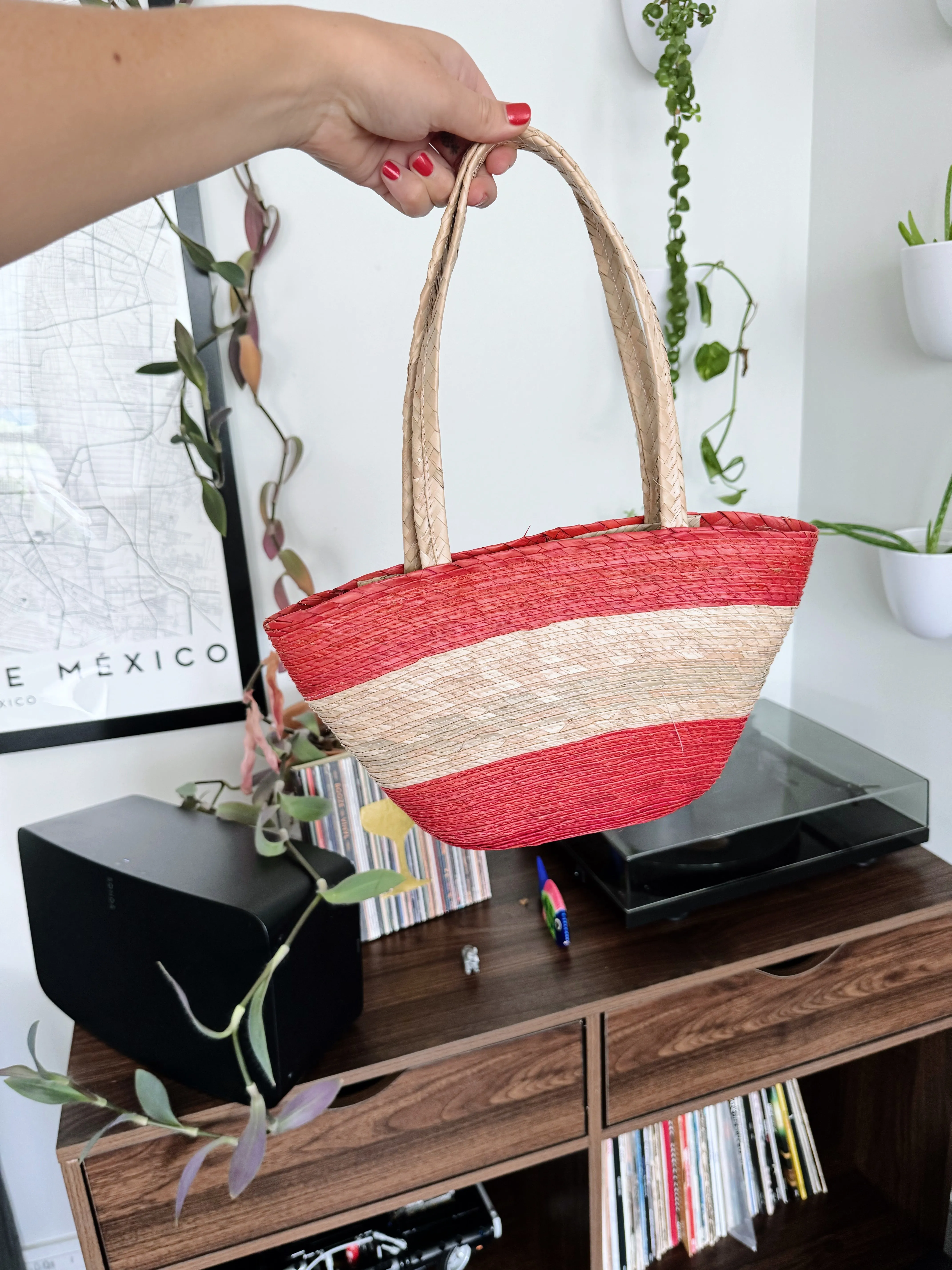 Palm straw purse - red and whit