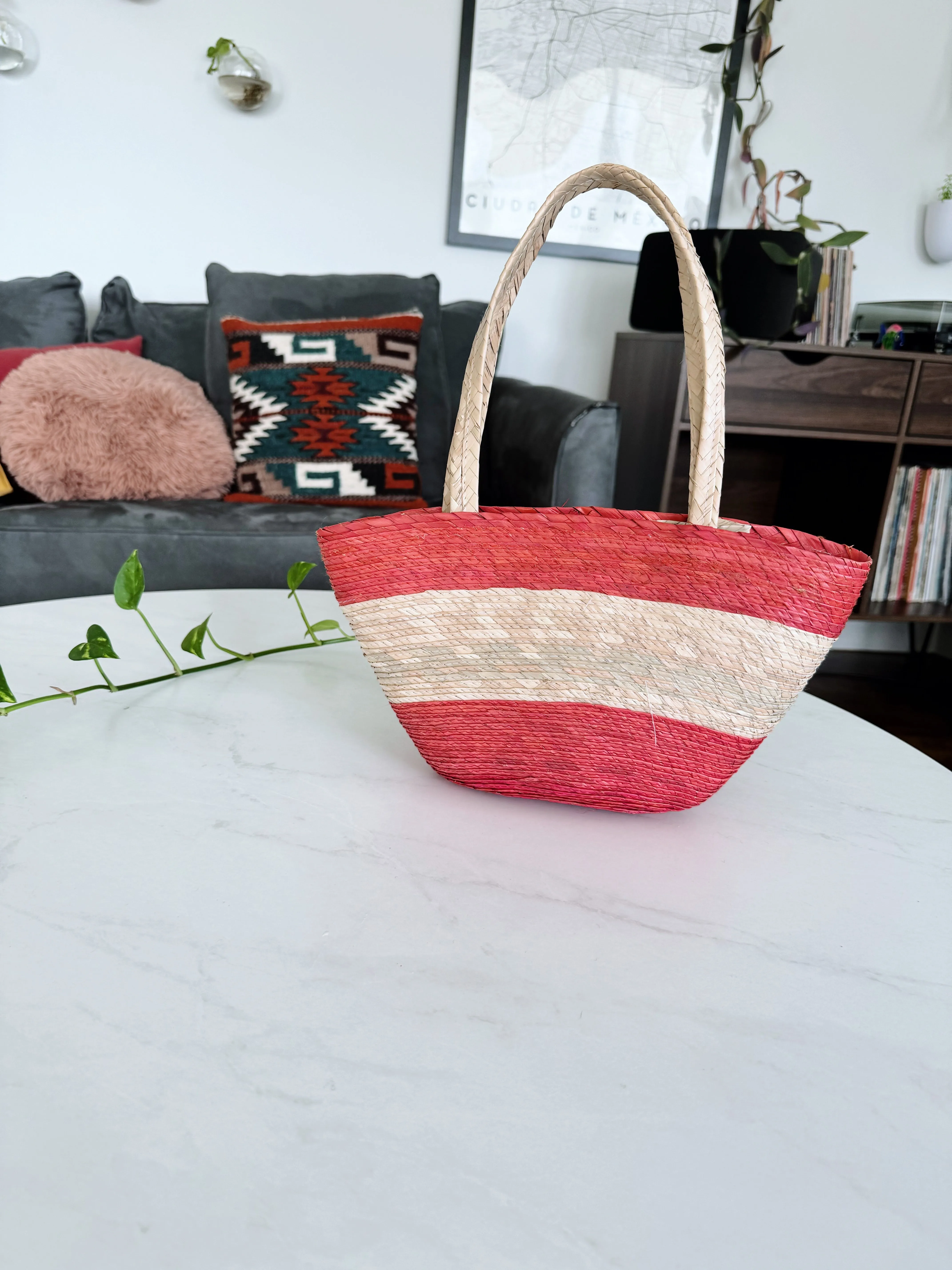 Palm straw purse - red and whit