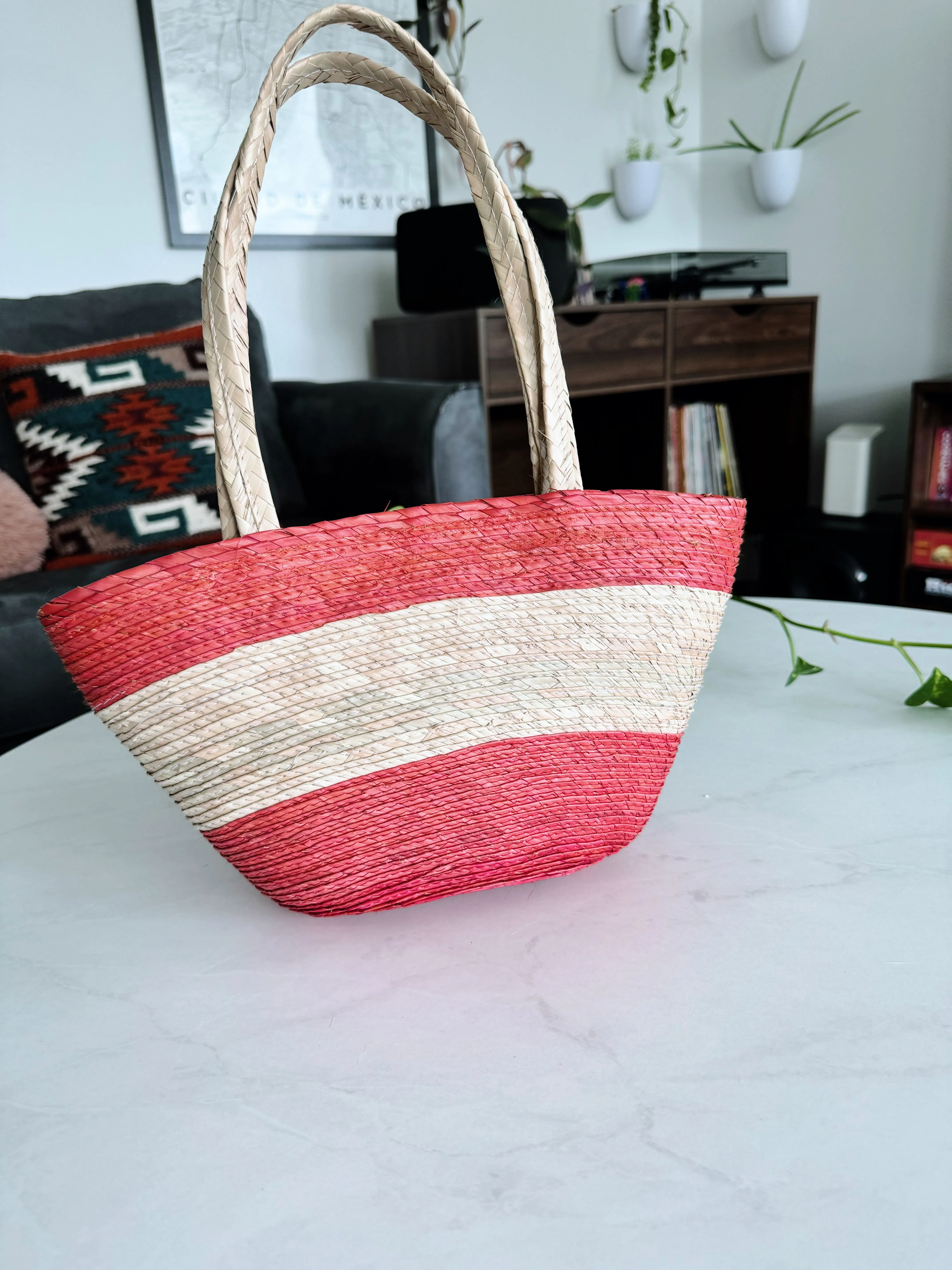 Palm straw purse - red and whit