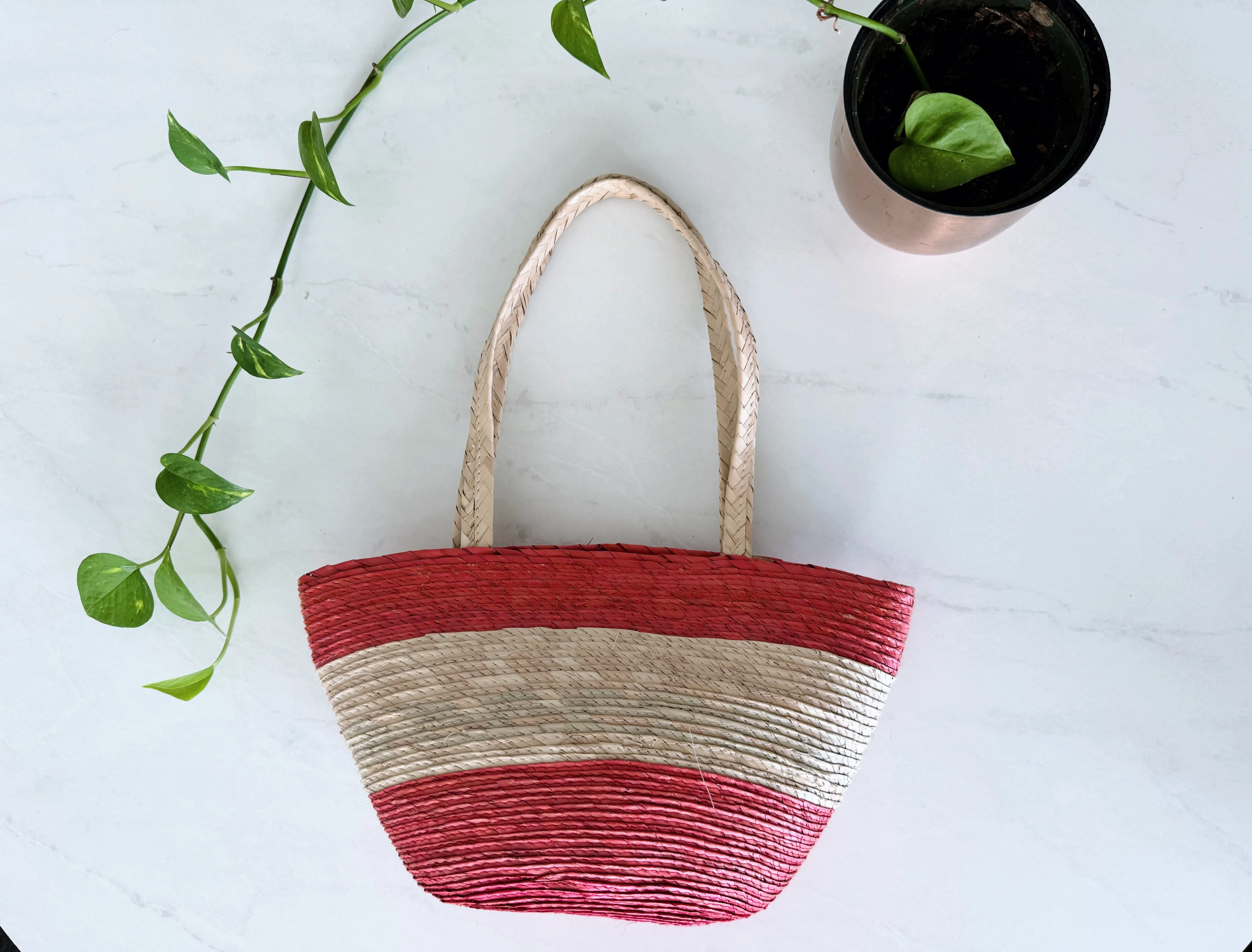 Palm straw purse - red and whit