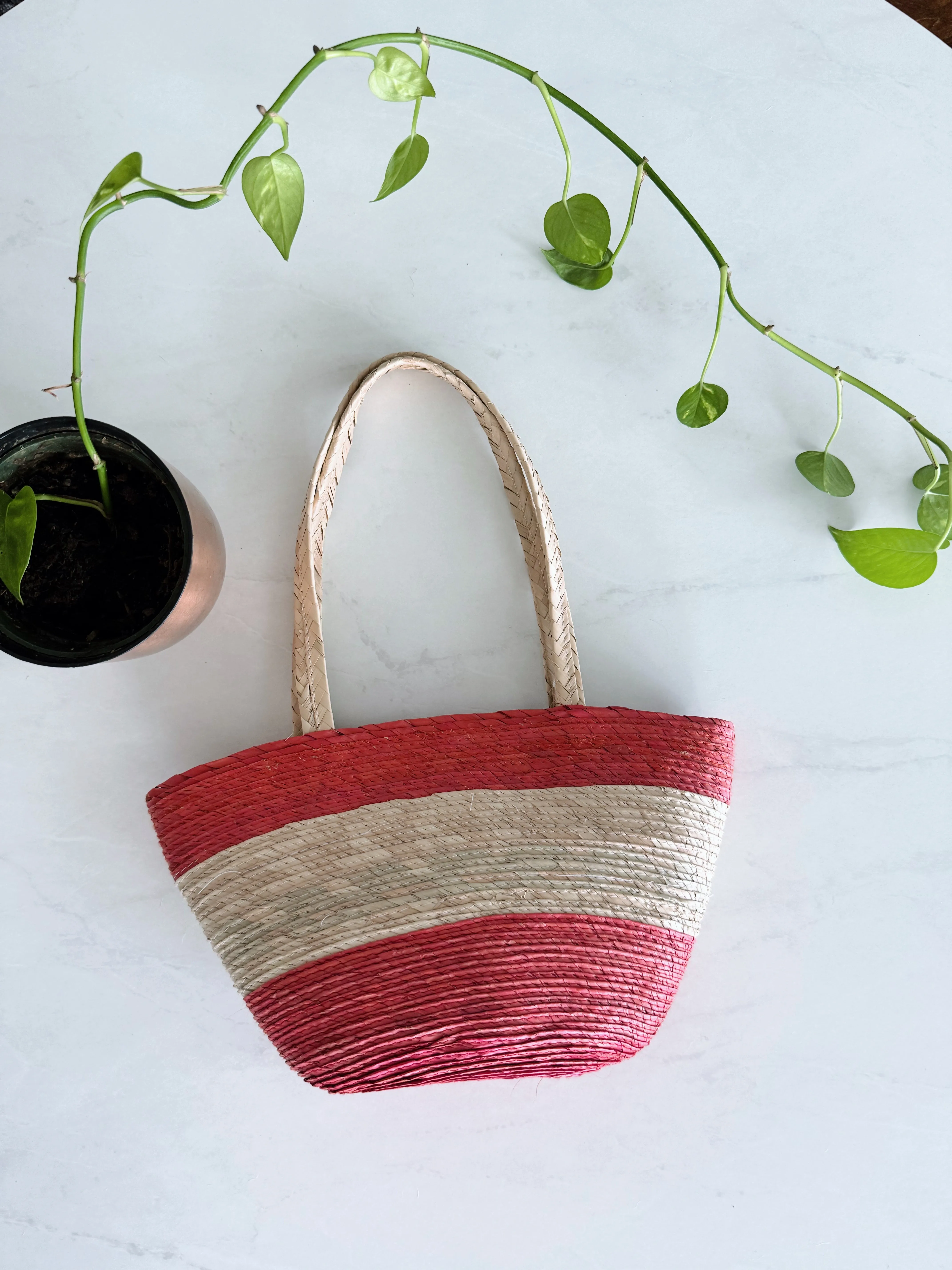 Palm straw purse - red and whit