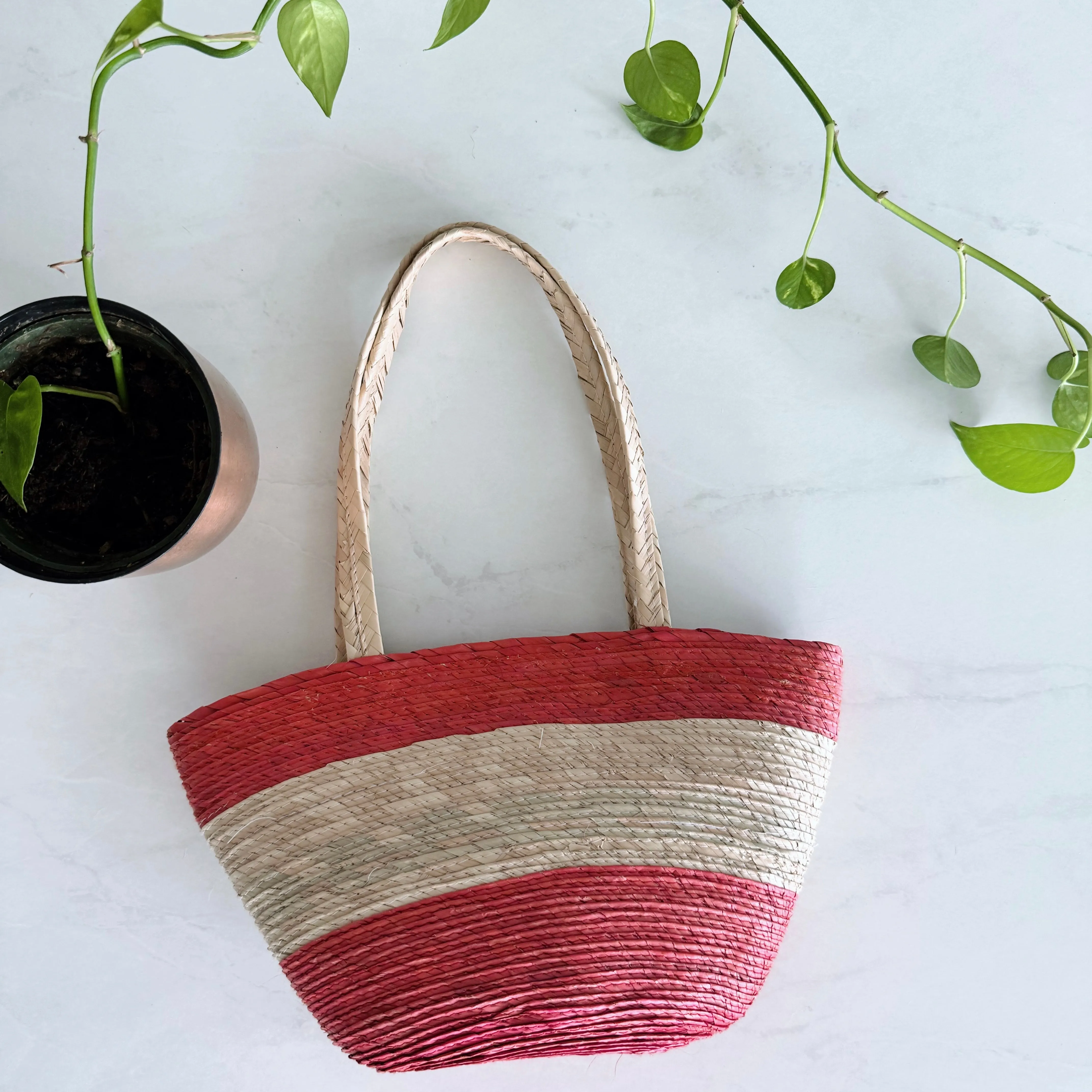Palm straw purse - red and whit